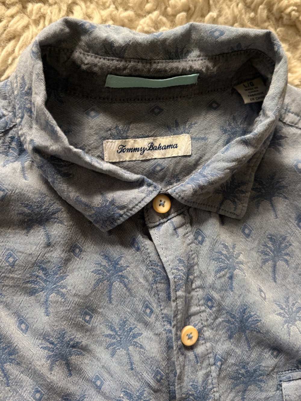 Tommy Bahama Mens Large Palm Tree Shirt Blue Short Sleeve Button Up Tropical